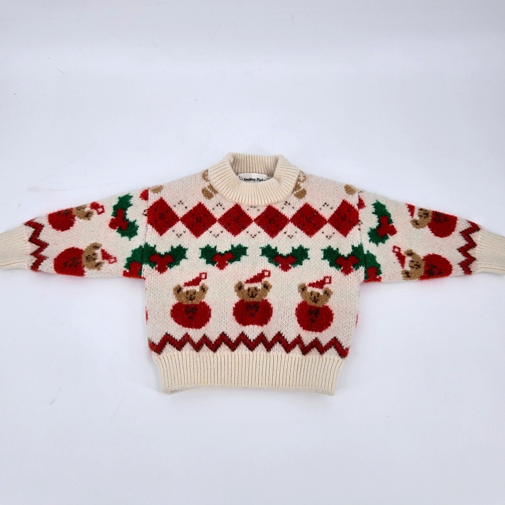 Smiling Pinker Toddler Kids Christmas Bear Knit Sweater Ivory Red Size 80 (12M)‎